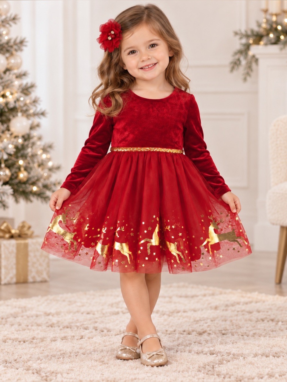 Zunie Girls 3T Red Velvet Gold Reindeer Christmas Dress NWT + Hair Clip